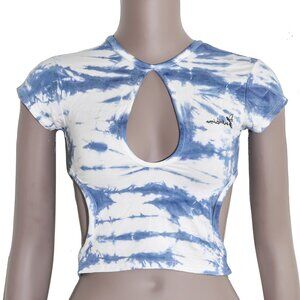 Oh Mighty Blue Tie Dye Cropped Cut Out Eyelet Baby Tee Top 90s Y2k Festival Wear
